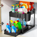 Multifunctional Storage Rack 2 Tier Under Sink Sliding Cabinet Basket Organizer Storage Rack with Hooks Hanging Cup Bathroom