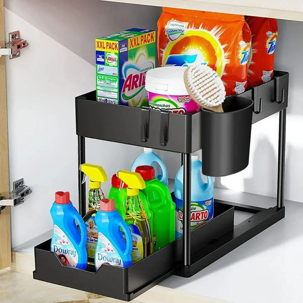 Multifunctional Storage Rack 2 Tier Under Sink Sliding Cabinet Basket Organizer Storage Rack with Hooks Hanging Cup Bathroom