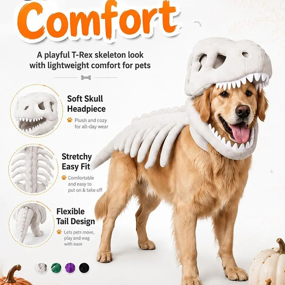 Dinosaur Skeleton Pet Costume Dark Washable Cat Halloween Cosplay Clothes Soft Halloween Pet Hood Outfit Halloween Decoration