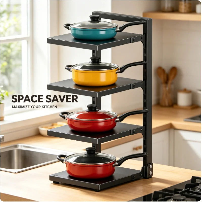 Multi Layer Under Sink Kitchen Storage Rack Adjustable Carbon Steel Floor Standing Pot Pan Organizer for Home Cookware