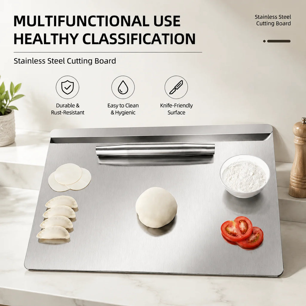 Stainless Steel Cutting Board  Food Grade 304 Extra Large Chopping Board with Non-Slip L-Shaped Edge Metal Pastry Board Dough Roller Mat   Double Sided for Meat Vegetables Dough Kneading Baking Kitchen Tool
