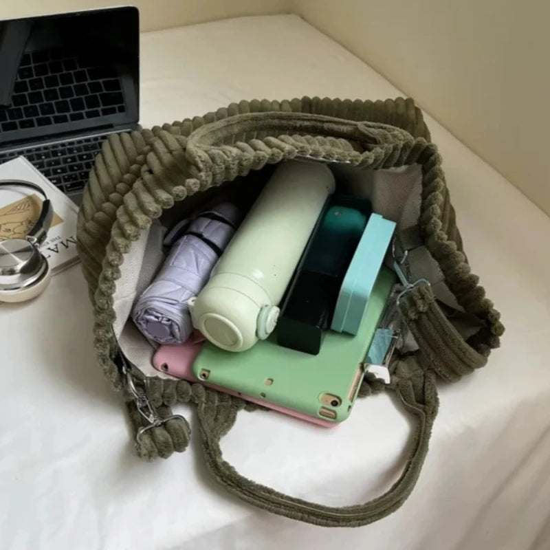 Large Capacity Striped Velvet Handbag Shoulder Bag for Woman Handbags Crossbody Bags, Versatile Letter Corduroy Women's Tote Bag
