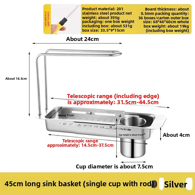 36-50cm Telescopic Shelf Drain Water Rack Sinks Organizer Soap Sponge Towel Holder Kitchen Gadgets Storage Basket Accessories