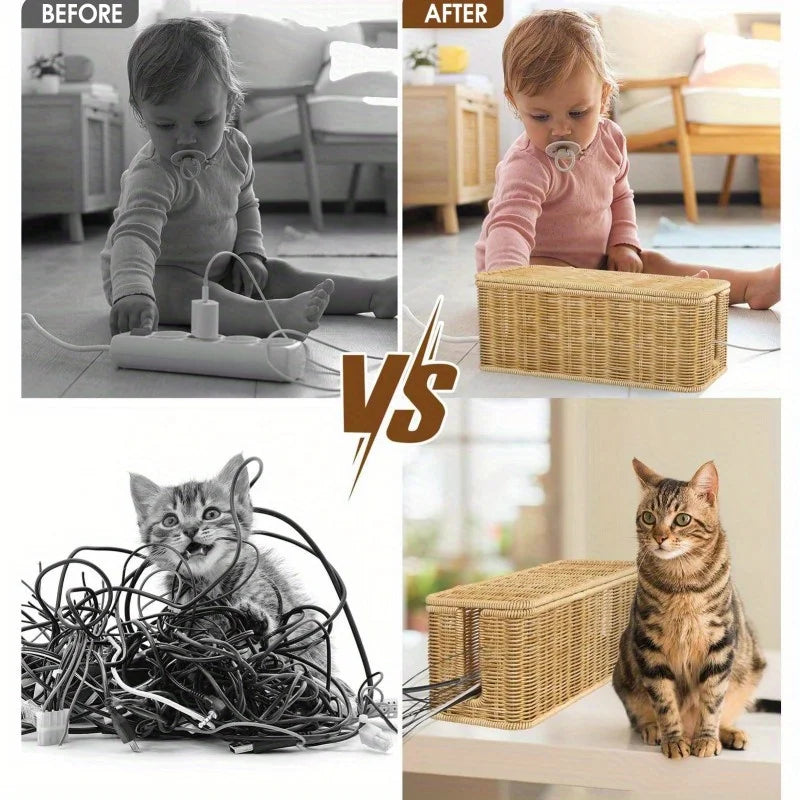 Durable Rattan Woven Cable Storage Box Desktop Cable Management Organizer Openable Lid Cable Entry Slots for Power Strip and Data Cables Home Office