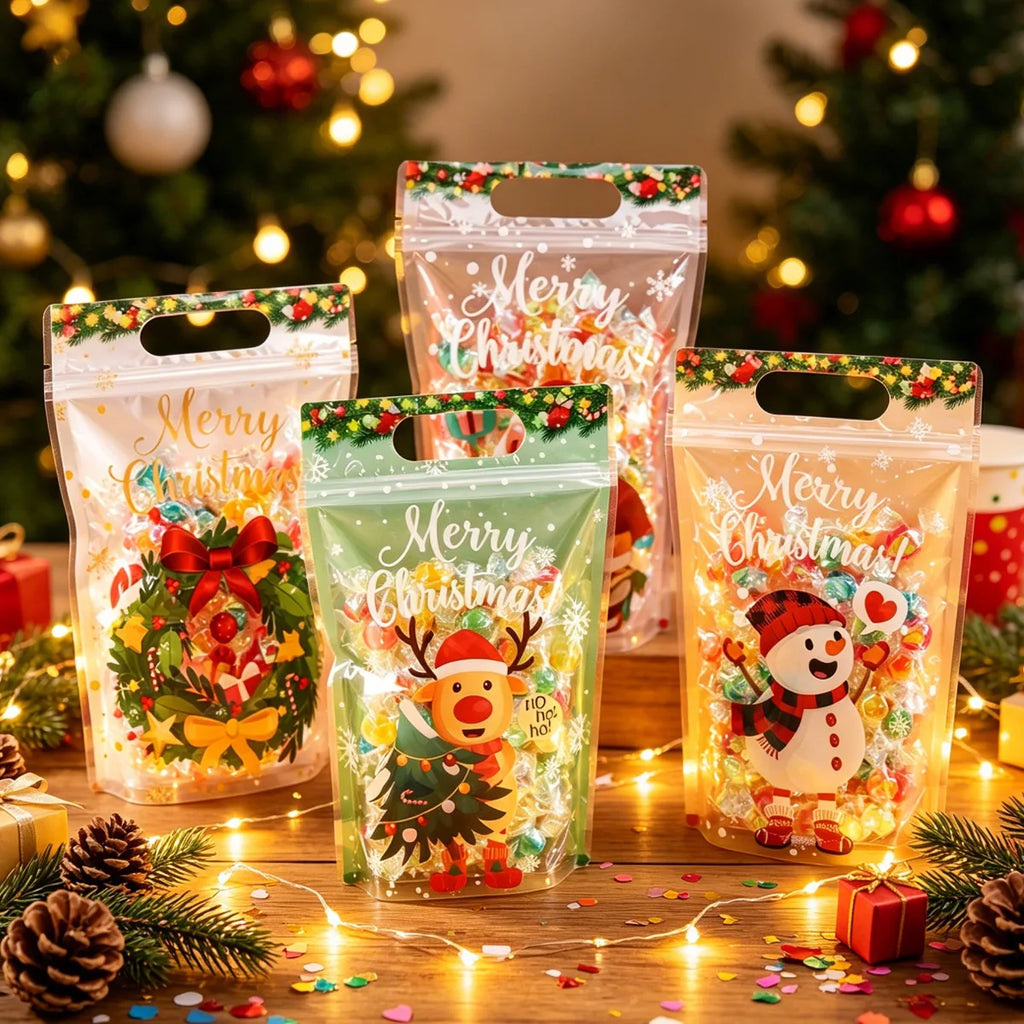 10/20pcs Merry Christmas Gift Bags Santa Elk Resealable Candy Bags with Zippers New Year Party Favor Bags Christmas Decoration