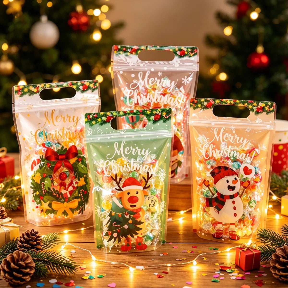 10/20pcs Merry Christmas Gift Bags Santa Elk Resealable Candy Bags with Zippers New Year Party Favor Bags Christmas Decoration