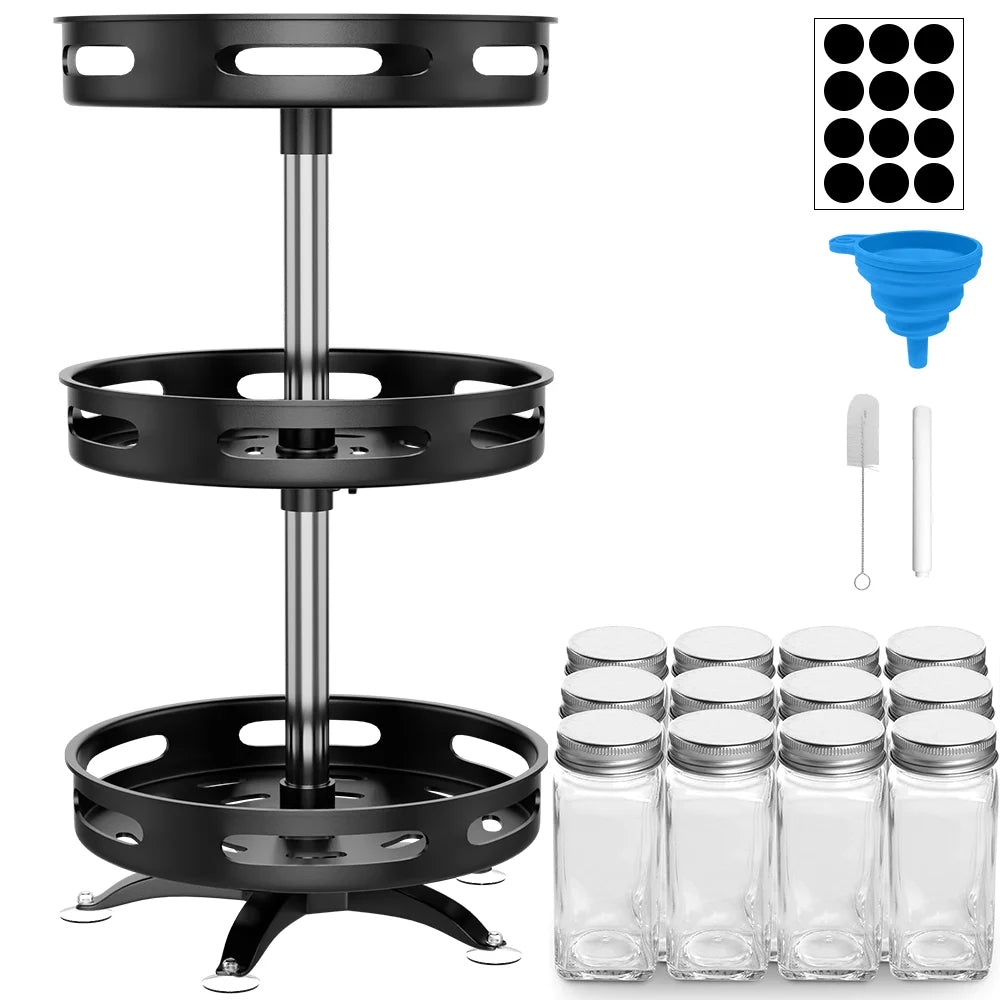 Rotation Spice Rack + 12pcs Seasoning Bottle Set, Multi-Layer Spices Cans Storage Tray Organizer Kitchen Accessories