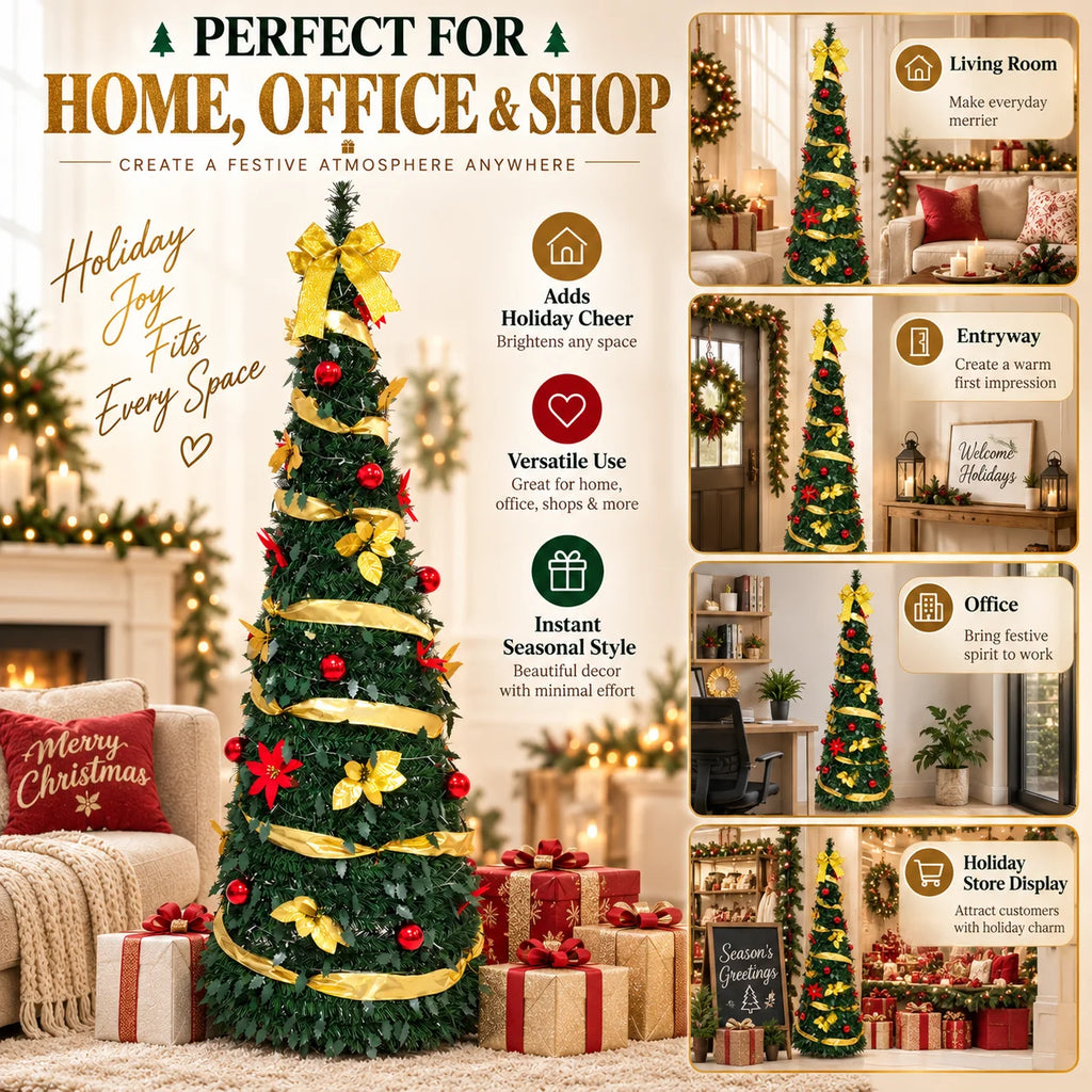 Pre Decorated Christmas Tree 120/150/180/210cm Artificial Xmas Tree with Warm Yellow LED Lights Gold Ribbon Red Ornaments Holida