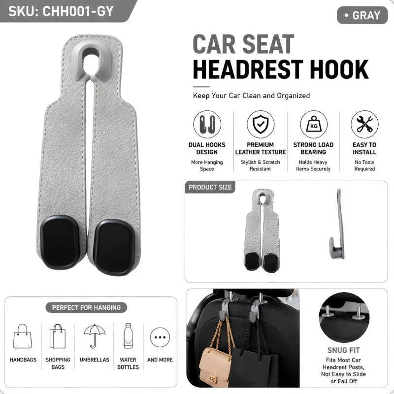 Car Seat Headrest Hooks 2 in 1 Leather Car Seat Back Hook Purse and Bag Backpack Double Hook Cars Seat Hanger Car Headrest Hooks