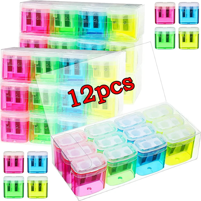 12pcs/box Manual Pencil Sharpener Small Colored Handheld Dual Hole Pencil Sharpeners with Lid 4 Color For Kids School Supplies