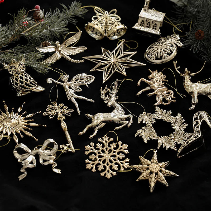 2025 Christmas Tree Ornaments Gold Plastic Elk Unicorn Angel Snowflake Hanging Pendants 2026 New Year Home Decoration Kids Gift