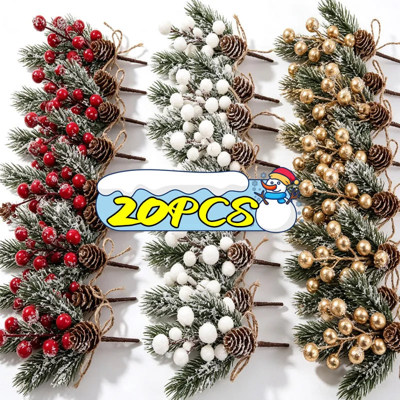 1/20x Snowflake Pine Cone Berry Branch Artificial Red Berry Pine Needle DIY Wreath Fake Flowers Home Party Christmas Decoration