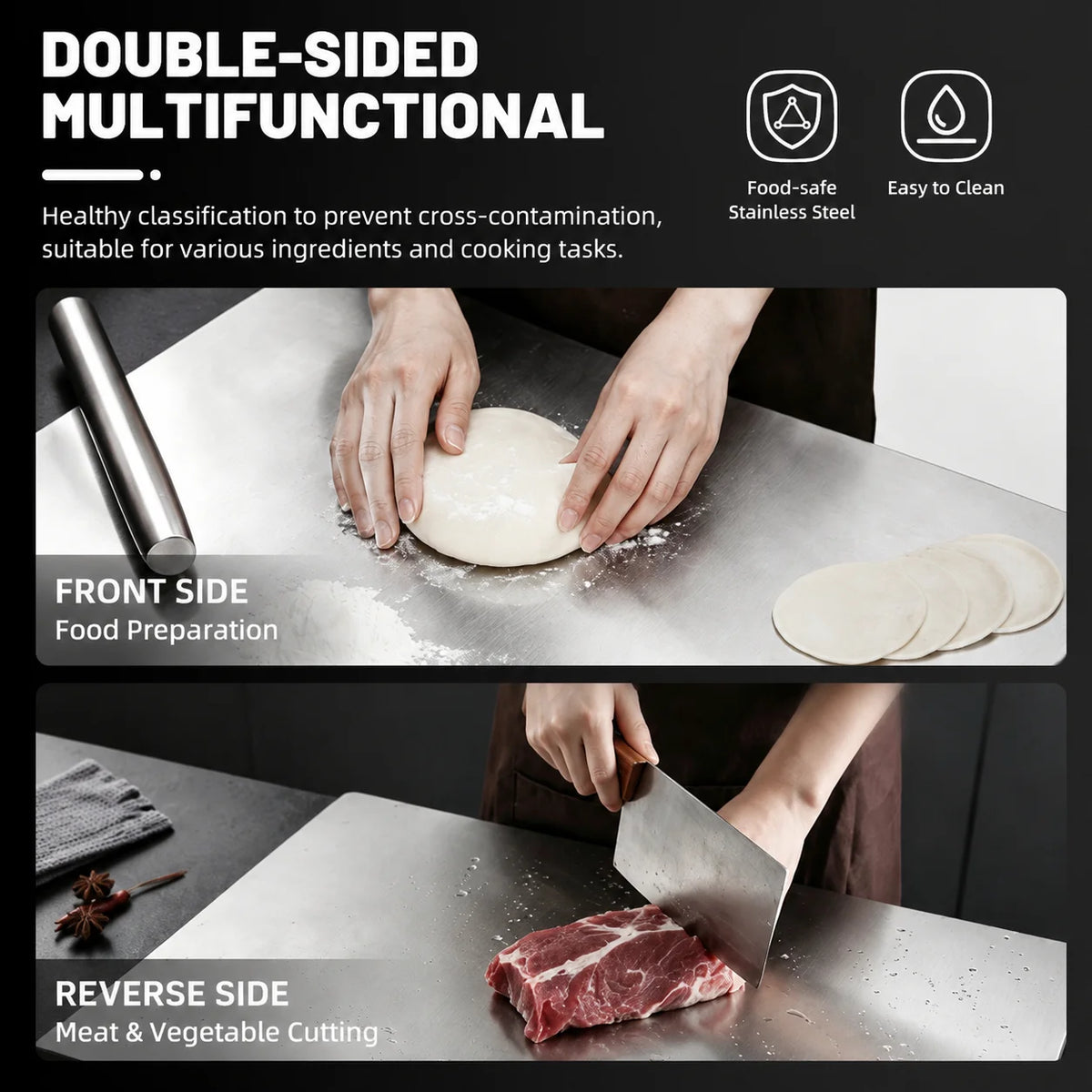 Stainless Steel Cutting Board  Food Grade 304 Extra Large Chopping Board with Non-Slip L-Shaped Edge Metal Pastry Board Dough Roller Mat   Double Sided for Meat Vegetables Dough Kneading Baking Kitchen Tool