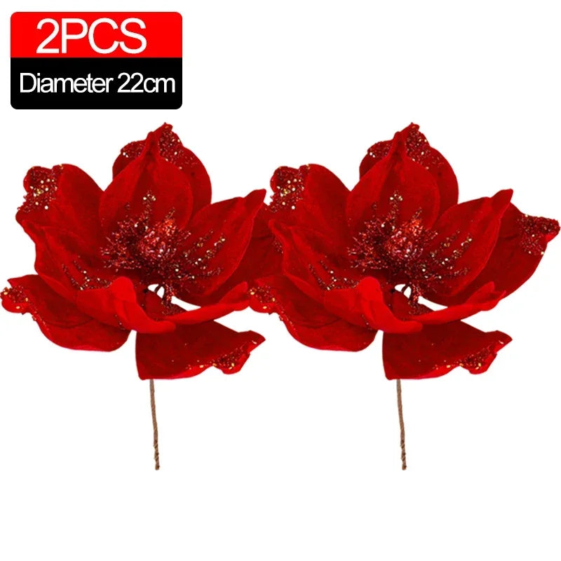 Artificial Glitter Christmas Flowers Red Poinsettia Xmas Tree Hanging Ornament Magnolia Fake Flower Wedding Party New Year Decor