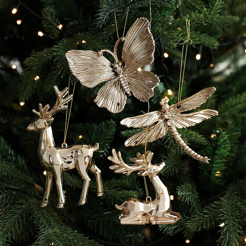 2025 Christmas Tree Ornaments Gold Plastic Elk Unicorn Angel Snowflake Hanging Pendants 2026 New Year Home Decoration Kids Gift