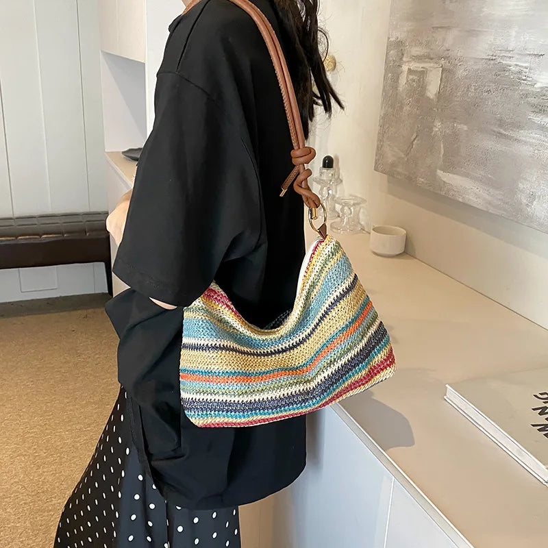 Striped Straw Tote Bag