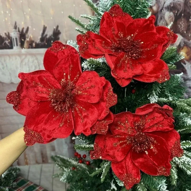 Artificial Glitter Christmas Flowers Red Poinsettia Xmas Tree Hanging Ornament Magnolia Fake Flower Wedding Party New Year Decor