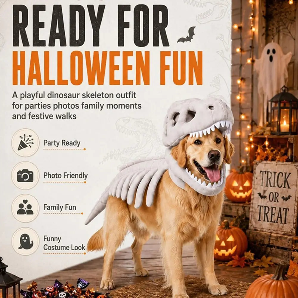 Dinosaur Skeleton Pet Costume Dark Washable Cat Halloween Cosplay Clothes Soft Halloween Pet Hood Outfit Halloween Decoration