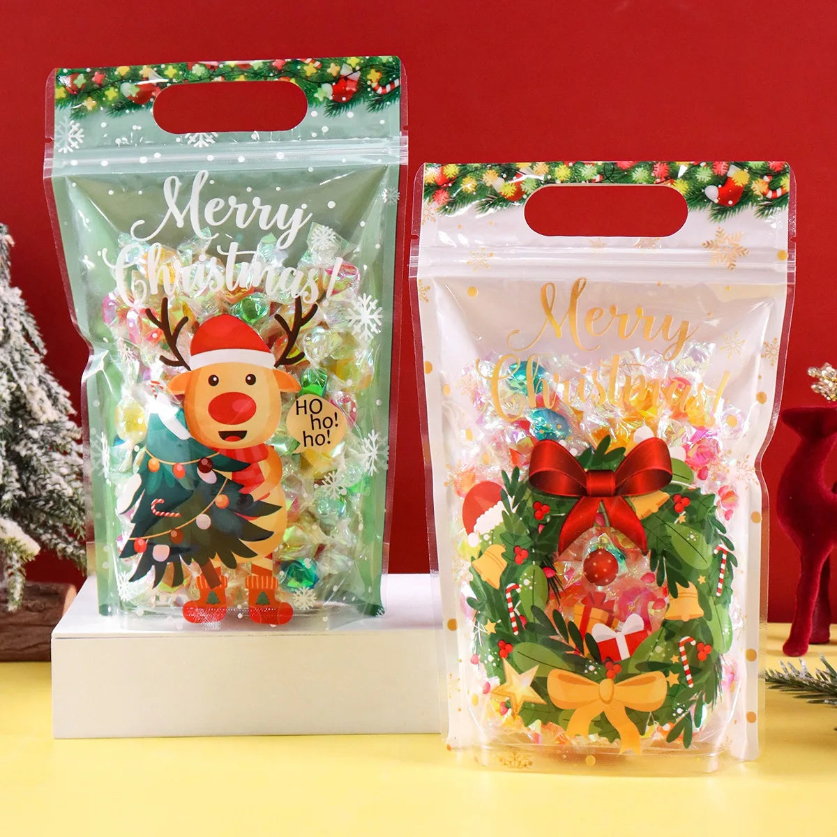 10/20pcs Merry Christmas Gift Bags Santa Elk Resealable Candy Bags with Zippers New Year Party Favor Bags Christmas Decoration