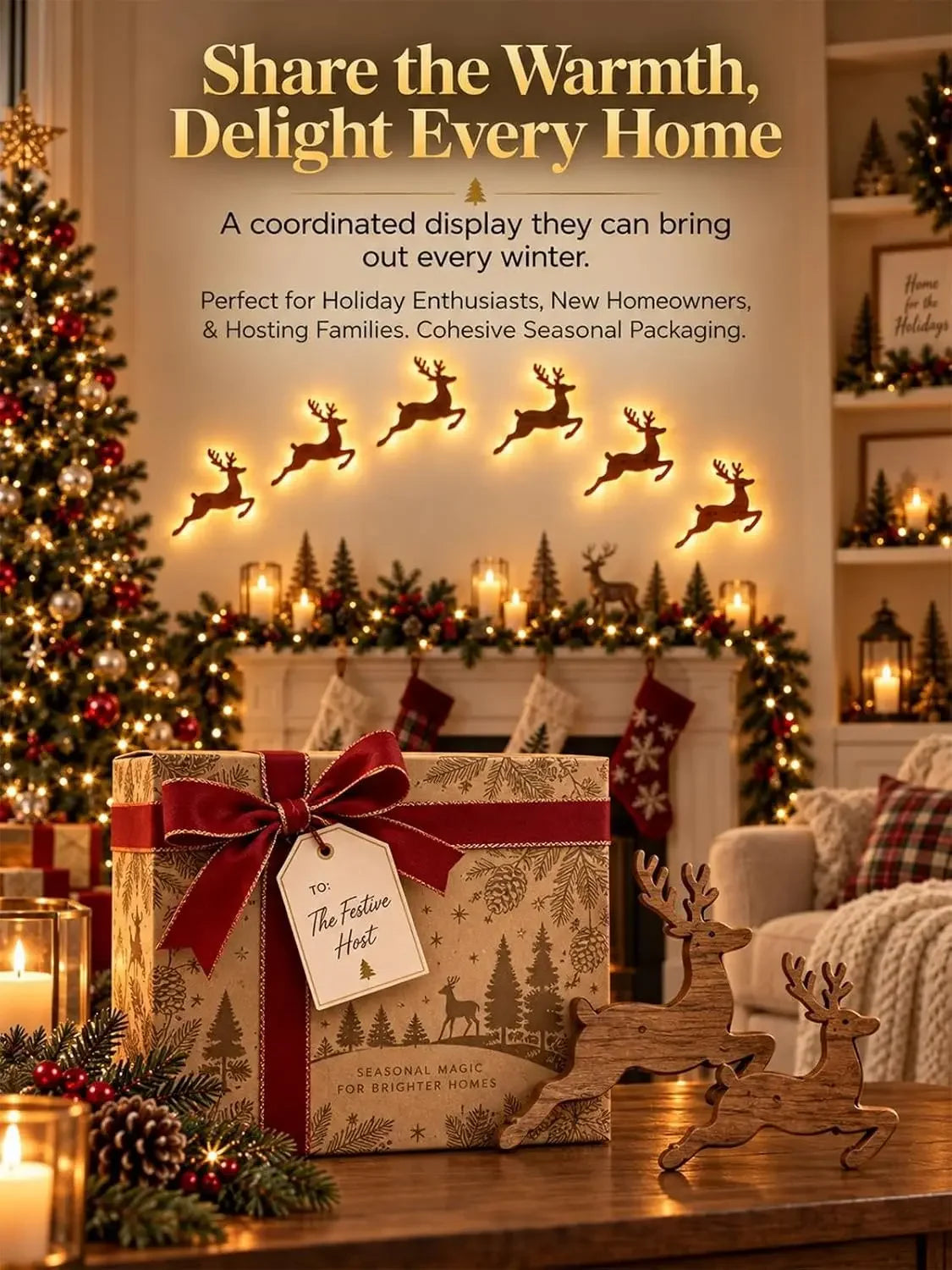 3D Reindeer Glow Santa Sleigh Christmas Wall Decoration Indoor Lighted,LED Light up Glowing Reindeer 3D Wooden Wall Art Stickers
