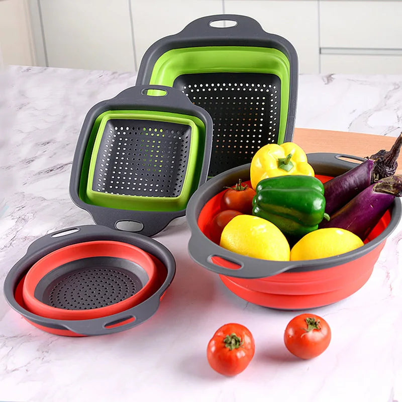 1pcs Round Square Foldable Silicone Colander Fruit Vegetable Washing  Strainer Colander Collapsible Drainer Kitchen Storage Tool