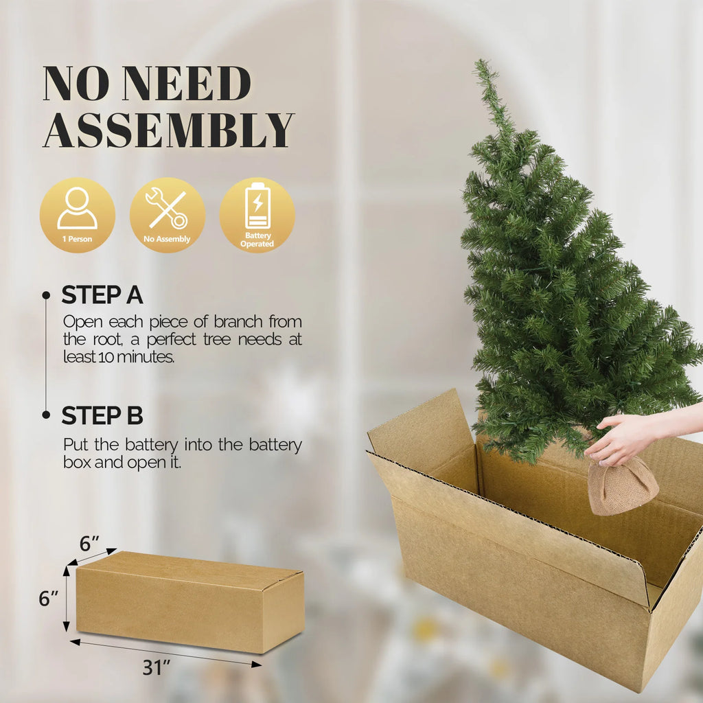 3ft Christmas Tree with 150 Branches – PVC, 100 Warm White LED Lights, 8 Modes, Battery Operated, Star Topper, Linen Base, for Home, Office, Party, Tabletop Decor – Easy Assembly, Durable, Fire-Resistant