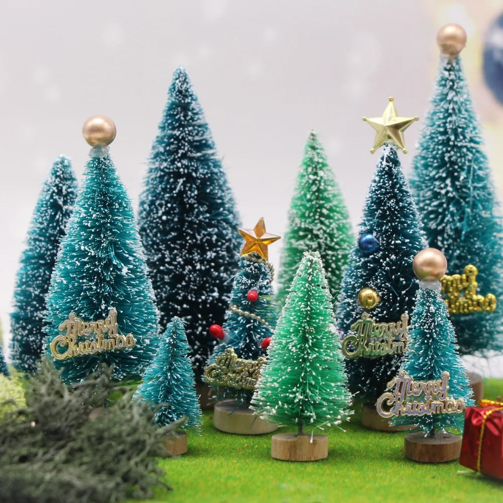 Mini Artificial Snow Christmas Tree Wooden Dollhouse Micro Landscape Model Xmas Terrarium Ornament Home Desktop Holiday Decor