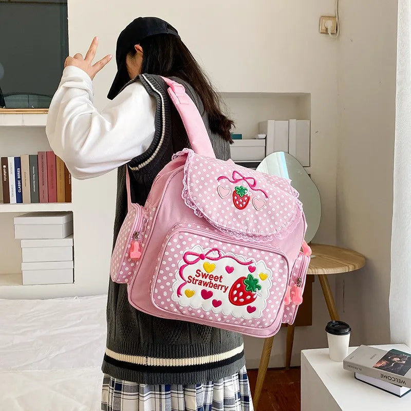 Pink Girl Embroidery Strawberry Children's Schoolbag Student Birthday Gift 2026 New Japanese Cartoon Pink Backpack Book Bags