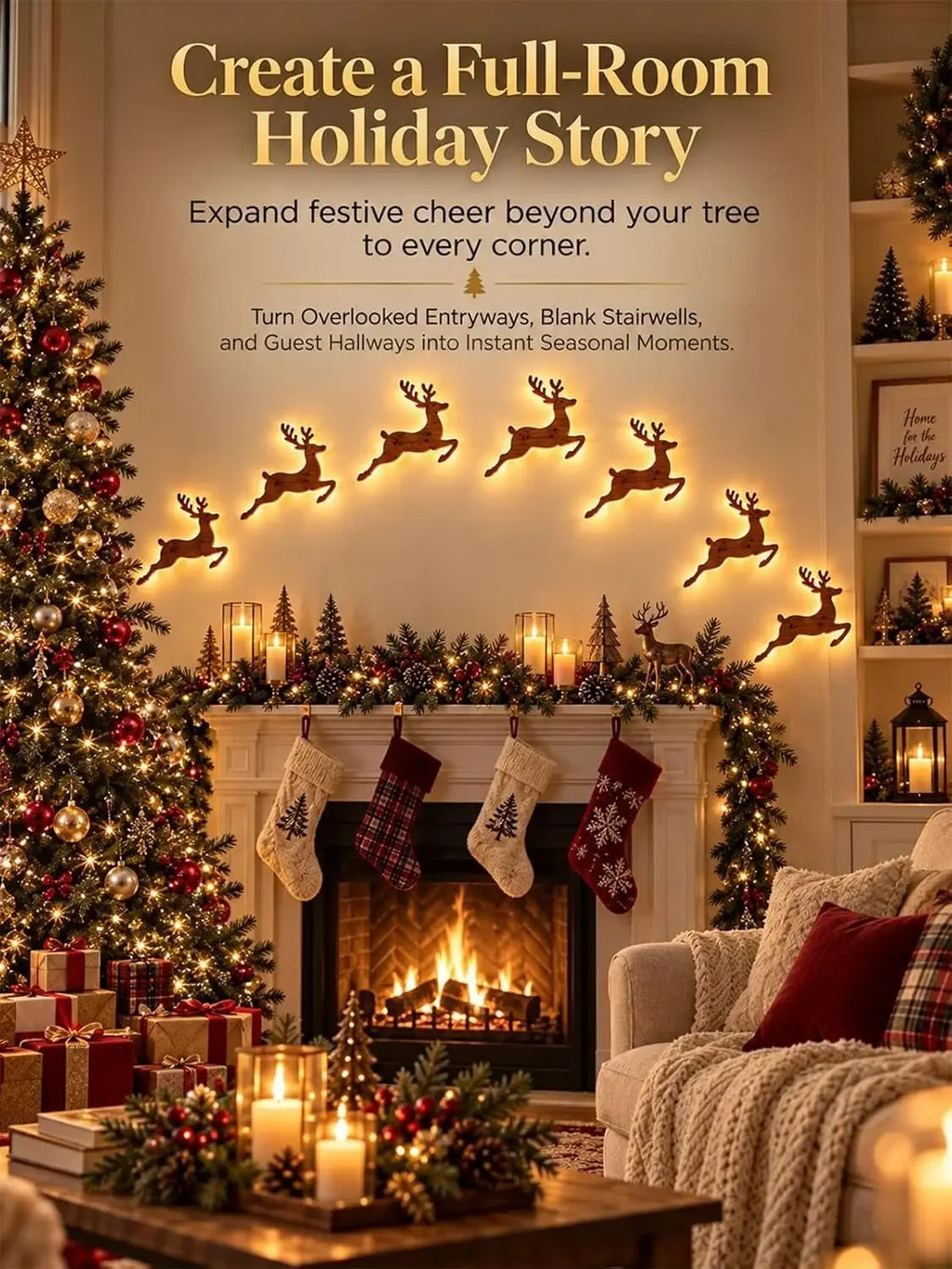 3D Reindeer Glow Santa Sleigh Christmas Wall Decoration Indoor Lighted,LED Light up Glowing Reindeer 3D Wooden Wall Art Stickers