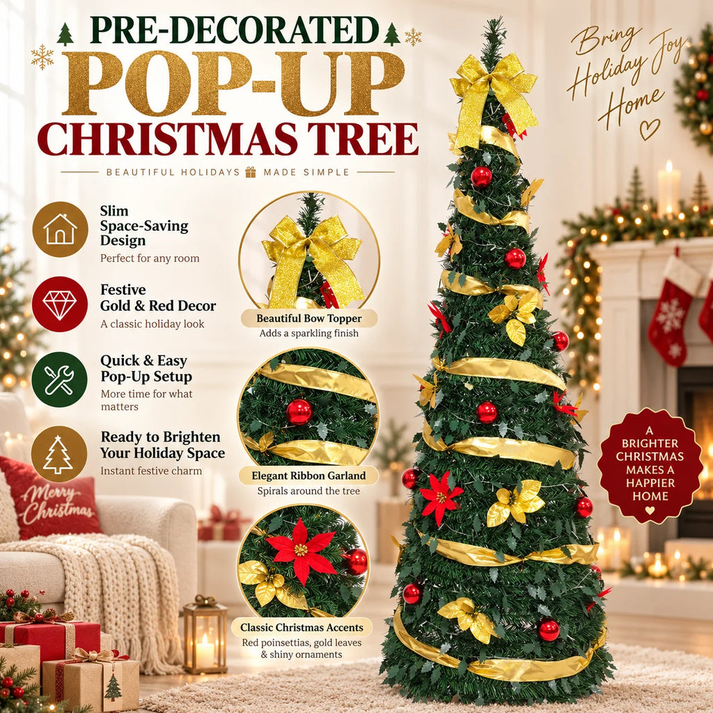 Pre Decorated Christmas Tree 120/150/180/210cm Artificial Xmas Tree with Warm Yellow LED Lights Gold Ribbon Red Ornaments Holida