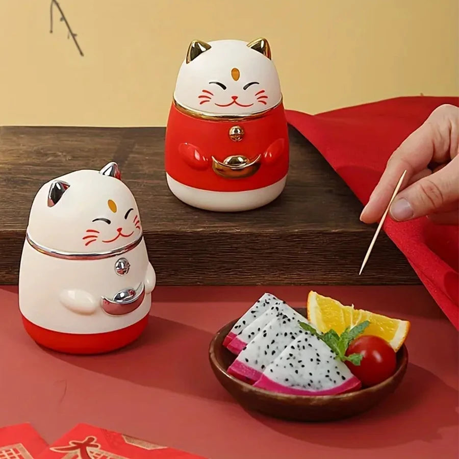 1PC Automatic Pop-Up Toothpick Holder with Cute Cat Decoration Novelty Kitchen Home Storage Box